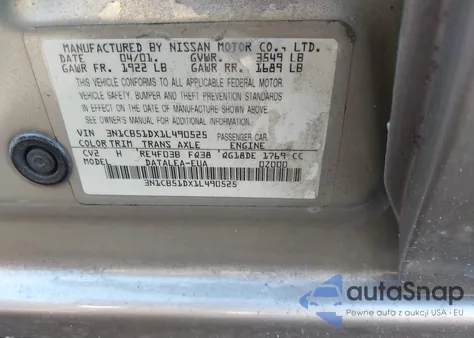 2001 Nissan Sentra Gxe z USA, uszkodzony, nr VIN 3N1CB51DX1L490525